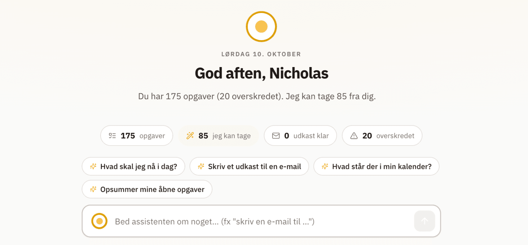 AIK Workspace dashboard med opgaver, forslag og assistent